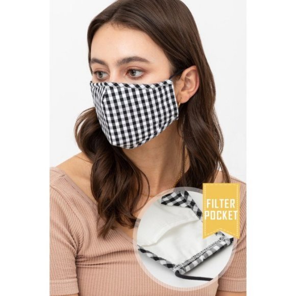 Gingham Reusable 3 Layers Filter Pocket Face Mask - Picture 3 of 9